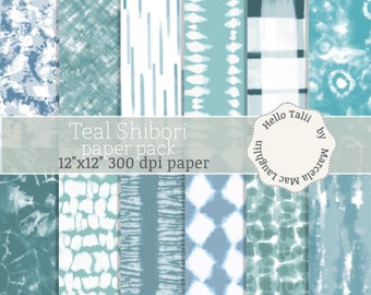 Teal SHIBORI Digital Paper- Teal Acqua and White Shibori patterns Watercolor Tye Die Ethnic Batik Backgrounds Japanese Fabric Textures Paper