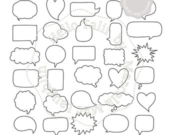 SPEECH BUBBLES Clip art- 30 Comic Speech Bubbles White and Transparent Black border- Chat Dream Though Cartoon Starburst Word Bubble Shapes