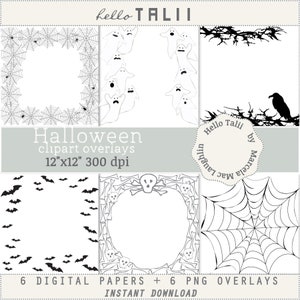 May include: Six digital papers and six PNG overlays with Halloween themes. The papers feature a spiderweb, bats, skulls and crossbones, and ghosts. The overlays are 12 inches by 12 inches and 300 dpi.