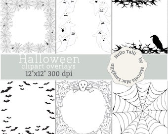 Halloween OVERLAYS Transparent PNG + White Jpg Digital Papers- Spiderwebs Bats Skulls Bones Ravens Crows Phantoms for Pictures Cards