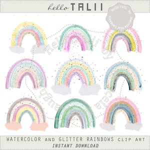 WATERCOLOR RAINBOW with GLITTER Clipart- 9 Handpainted Rainbows in pastel colors with sparkling stars Pastel Rainbows x Nursery Decor Cards