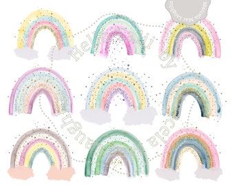 WATERCOLOR RAINBOW with GLITTER Clipart- 9 Handpainted Rainbows in pastel colors with sparkling stars Pastel Rainbows x Nursery Decor Cards