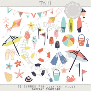 May include: A set of 32 colorful summer clip art images. The images include a beach umbrella, a beach ball, a bucket and shovel, a starfish, a seashell, a crab, a surfboard, a life preserver, a pair of flippers, a popsicle, an ice cream cone, a kite, a flag, and a banner.
