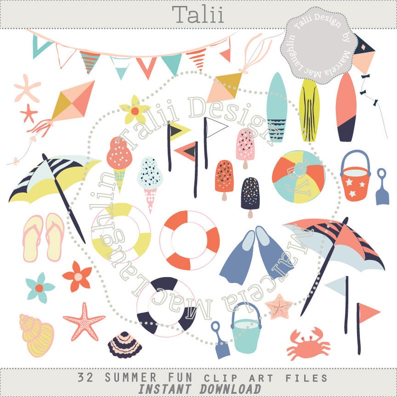 May include: A set of 32 colorful summer clip art images. The images include a beach umbrella, a beach ball, a bucket and shovel, a starfish, a seashell, a crab, a surfboard, a life preserver, a pair of flippers, a popsicle, an ice cream cone, a kite, a flag, and a banner.