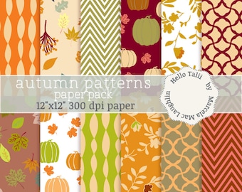 May include: A digital paper pack featuring 12 autumn-themed patterns. Designs include pumpkins, leaves, and geometric shapes in shades of orange, green, and brown. The paper is 12"x12" and 300 dpi. The text "autumn patterns paper pack" is displayed.