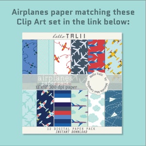 Puede incluir: Un paquete de papel digital con 12 patrones diferentes que presentan aviones, nubes y rayas en azul, rojo y blanco. El paquete de papel mide 12 pulgadas por 12 pulgadas y 300 dpi. El texto "airplanes paper pack" y "Hello Talii" est&aacute; incluido en la imagen.