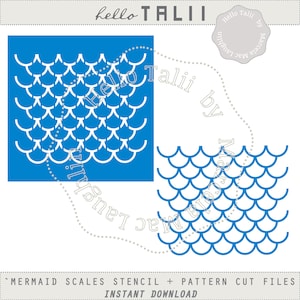 May include: A digital download of a mermaid scales stencil and pattern cut files. The image shows a blue background with white mermaid scales and a separate image of blue mermaid scales on a white background.