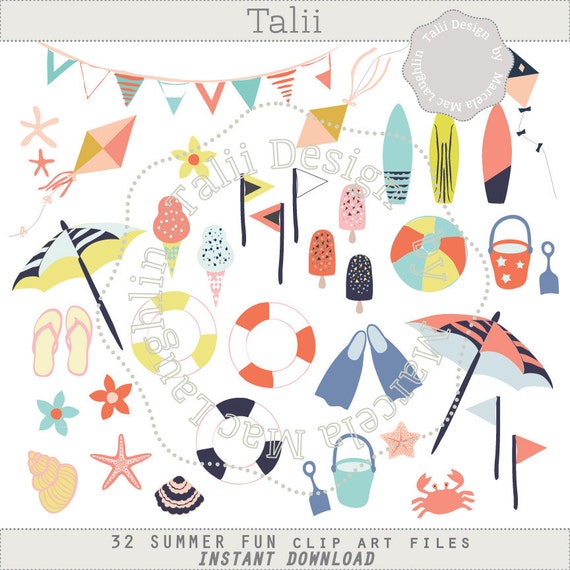 Summer Clip Art SUMMER Fun Clipart- 37 summer graphics beach party buckets kites flip flops surfboards sea shells handdrawn clipart