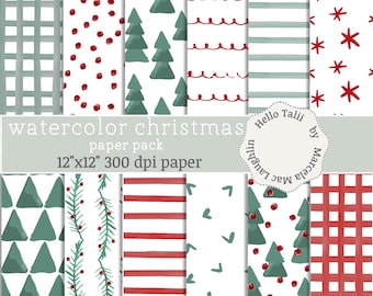 Christmas WATERCOLOR Digital Paper- Red Green White Watercolor Patterns Handpainted Christmas Trees Stars Dots Backgrounds Gifts Tags