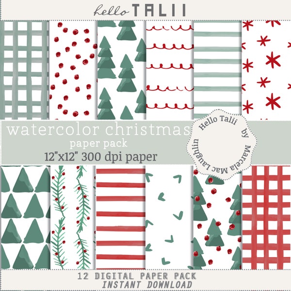 Christmas WATERCOLOR Digital Paper- Red Green White Watercolor Patterns Handpainted Christmas Trees Stars Dots Backgrounds Gifts Tags