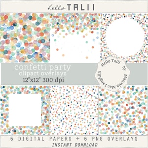 Watercolor DOTS Clipart Overlays- 6 Transparent Confetti Polka Dots Overlays + 6 Digital Papers- Rainbow Drops Big and Mini circles Frames