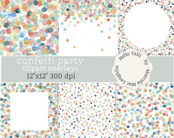 Watercolor DOTS Clipart Overlays- 6 Transparent Confetti Polka Dots Overlays + 6 Digital Papers- Rainbow Drops Big and Mini circles Frames