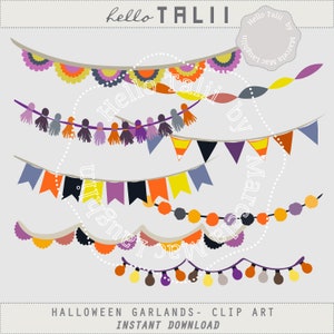 HALLOWEEN BANNERS Digital Clip Art- Halloween Garlands Clipart Orange and Black Bunting Flags  Banners Flags Tassels Light Bulbs
