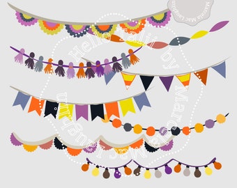 HALLOWEEN BANNERS Digital Clip Art- Halloween Garlands Clipart Orange and Black Bunting Flags  Banners Flags Tassels Light Bulbs