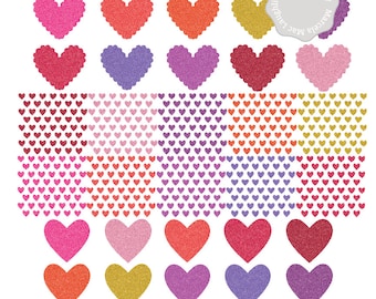 Glitter HEARTS Clipart BUNDLE- Digital Valentine Day Clip Art Scalloped Hearts Tiny Hearts Pattern Hearts Rainbow Shiny Background