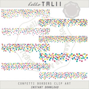 May include: A set of six colourful confetti borders, each with a different pattern. The borders are made up of various shapes, including stars, hearts, circles, and squares. The confetti is in a variety of colours, including red, orange, yellow, green, blue, and purple. The borders are perfect for adding a festive touch to any project.