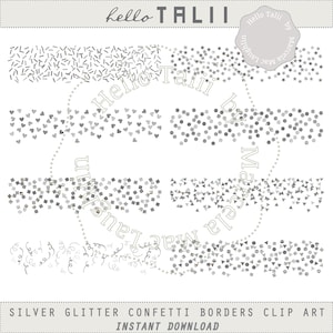SILVER GLITTER CONFETTI Borders Clip Art- 8 Borders Silver confetti Sprinkles Stars Hearts Dots Triangles Squares for New Year&#39;s Eve Party