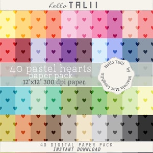 Puede incluir: Un paquete de papel digital con 40 diseños de corazones pastel. Cada papel de 30,48 cm x 30,48 cm presenta un fondo degradado con filas de pequeños corazones. Incluye el texto "Hello Talii" y "40 pastel hearts paper pack".