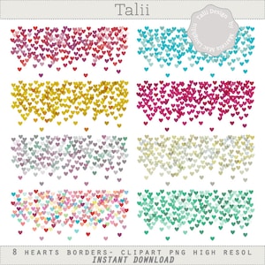 Bordes de corazones CLIP ART- 8 Bordes DIGITALES de Corazones de confetti en colores oro plata rojo verde rosa arco iris Bodas San Valentin