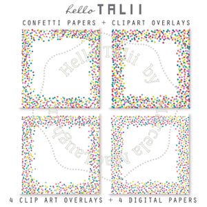 RAINBOW CONFETTI FRAMES Clip Art Overlays + Digital Papers- Multicolor Confetti Borders Sprinkles Dots Triangles Squares for Instagram Cards