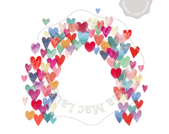 May include: Watercolor rainbow heart clip art. A circle of colorful hearts in various shades of red, pink, blue, green, yellow, and orange.