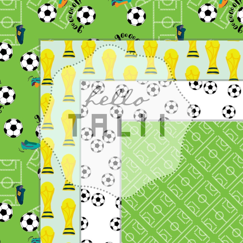 Pode incluir: Tr&ecirc;s padr&otilde;es de papel digital com designs de futebol. O primeiro padr&atilde;o &eacute; verde com bolas de futebol brancas, chuteiras de futebol e campos de futebol. O segundo padr&atilde;o &eacute; branco com bolas de futebol pretas e ta&ccedil;as de trof&eacute;u douradas. O terceiro padr&atilde;o &eacute; verde com campos de futebol brancos.