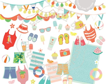 Summer Party Clip Art POOL PARTY Clipart- 45 summer clipart graphics girls boys beach party swimsuits flip flops handdrawn clipart