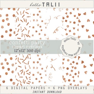 ROSE GOLD Confetti Overlays- Glitter Confetti Clipart Transparent PNG + 6 Digital Papers- Copper or Rose Gold Glitter Sprinkles Hearts Stars