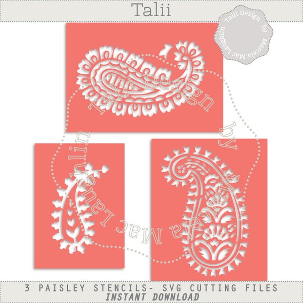 Paisley Stencil SVG Cutting Files DIGITAL- 3 Indian Stencils Arabesques Die Cut Files Silhouette Studio Dxf Png Printable PDF Templates