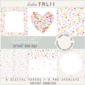 Rainbow HEARTS Overlays Transparent PNG+ JPG Digital Papers- Multicolor Confetti Hearts Party Clipart Overlays Valentine frames decor cards