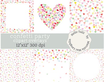 Rainbow HEARTS Overlays Transparent PNG+ JPG Digital Papers- Multicolor Confetti Hearts Party Clipart Overlays Valentine frames decor cards