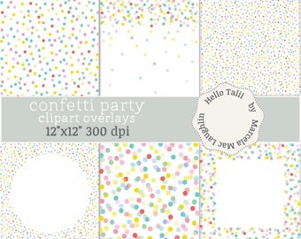 Polka DOTS Clipart Overlays- Pastel Confetti Party Digital Papers + Transparent PNG- Rainbow tiny dots big circles frames Cards Scrapbook