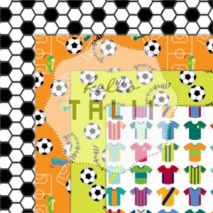 Pode incluir: Um pacote de papel digital com quatro designs diferentes apresentando bolas de futebol, camisas e o texto "Hello Tallinn". Os designs est&atilde;o em um fundo branco, laranja, verde e preto.