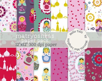 MUÑECAS RUSAS papel digital- Matrioshkas Muñecas de Rusia con Flores Cupulas de oro Corazones y Flores Rosa Mamushkas Babushkas Deco Niñas