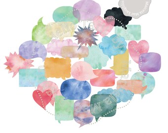 WATERCOLOR SPEECH BUBBLES Clip art- 30 Dialogue Bubble Shapes hand painted in pastel colors Chat Dream Though Cartoon Comic Word Bubbles