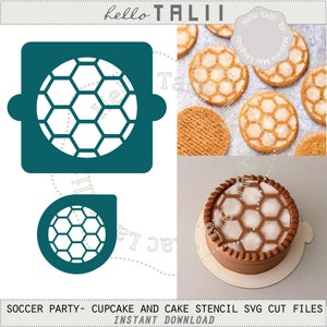 May include: A teal soccer ball stencil with a square and teardrop shape. The image also shows cookies and a cake decorated with a soccer ball pattern. Text on the image says "hello TALII" and "SOCCER PARTY- CUPCAKE AND CAKE STENCIL SVG CUT FILES INSTANT DOWNLOAD."