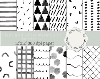 WATERCOLOR BLACK and WHITE Digital Paper- Handpainted Doodles Black and White Watercolor Backgrounds Brushstrokes Sprinkles Stripes Dots