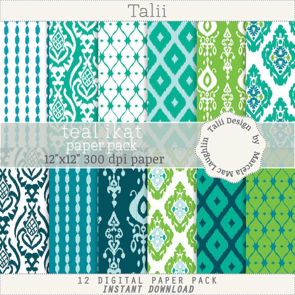 Teal Ikat DIGITAL PAPER- Arabesques patterns white teal green navy blue Damask backgrounds Flourishes for Vintage Wedding paper gifts decor