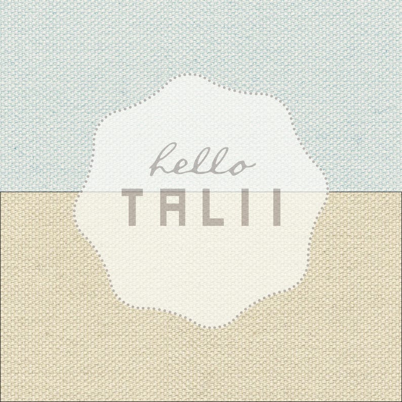 May include: A white circle with a scalloped edge on a blue and beige textured background. The circle has the text "hello TALI" in grey.