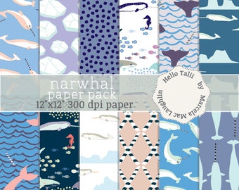 NARWHAL Digital Paper- Narwhal Party Paper Sea Unicorn Paper Whales Narwhales Ocean Creatures Marine Backgrounds Waves Icebergs Artic Animal