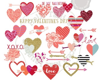 Hearts Clipart- VALENTINES DAY Digital Hearts Arrows Flowers in gold red pink Love Be my Valentine Happy Valentines Day graphics for cards
