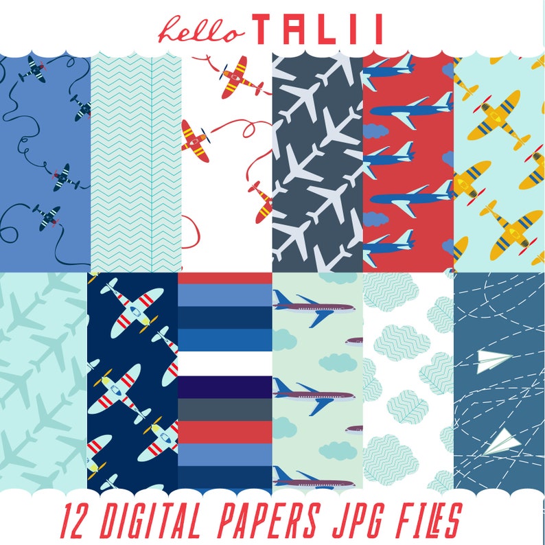 May include: Twelve digital paper designs featuring airplanes and clouds in various colors and patterns. The papers are perfect for scrapbooking, card making, and other craft projects.