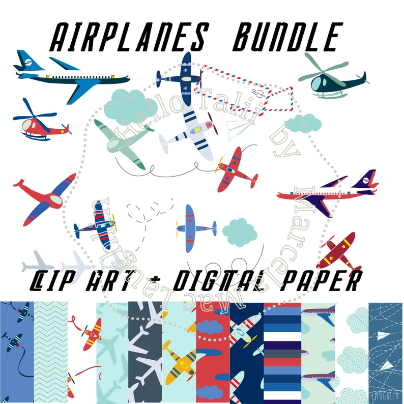 May include: A digital paper pack with airplane clip art. The pack includes 10 different designs featuring airplanes, helicopters, and clouds in blue, red, and white colors. The designs are perfect for creating scrapbook pages, cards, and other paper crafts.