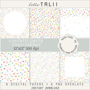 Multicolor STARS Clipart Overlays- Pastel Stars Confetti Party 6 Digital Papers + 6 Transparent PNG for Frames Cards Scrapbooking Pictures