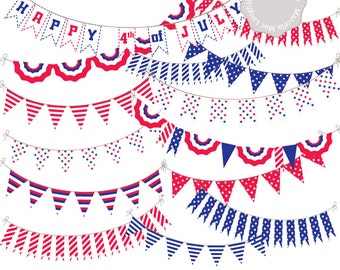 BUNTING Flags Clip Art 4th of JULY- Stars n Stripes American flags patriotic bunting USA flag banners Happy Independence Day Banners