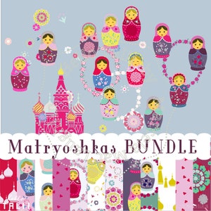 MATRYOSHKAS DOLLS BUNDLE Digital Paper + Clip Art- Russian Nesting Dolls Graphics Bundle Babushka Dolls Flowers Hearts St Basils Church
