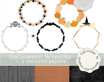 Halloween Wreaths Clipart – Pumpkins, Bats, Skulls (Digital Download)