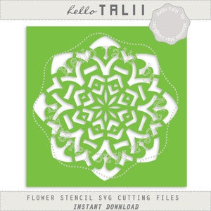 May include: A white floral stencil design on a vivid green backdrop. The stencil showcases a detailed floral pattern with cut-out shapes. The text "Hello TALII" is at the top, and "FLOWER STENCIL SVG CUTTING FILES" is at the bottom.