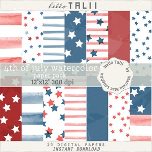 WATERCOLOR 4th of July Digital Paper- 14 Watercolor Red White and Blue Backgrounds with Stars and Stripes Independence Day Party Decor Cards