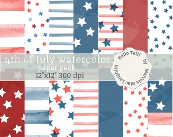 WATERCOLOR 4th of July Digital Paper- 14 Watercolor Red White and Blue Backgrounds with Stars and Stripes Independence Day Party Decor Cards
